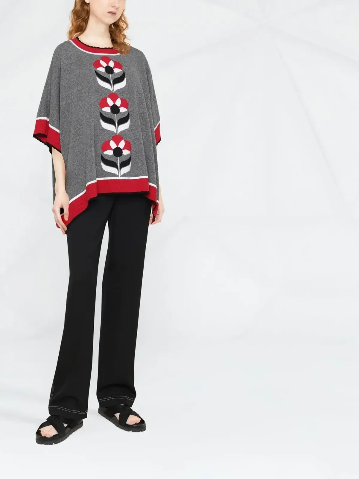 Boutique Moschino インターシャ編み花柄ポンチョトップ - 画像2