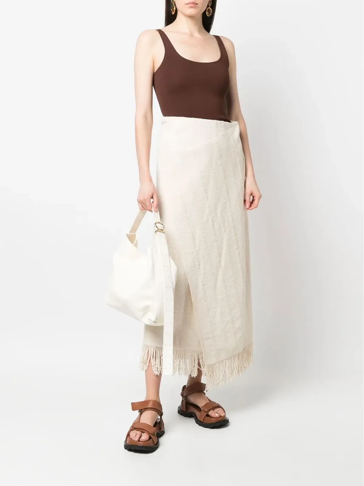 Jil Sander フリンジ付きラップ風ミディスカート - 画像2