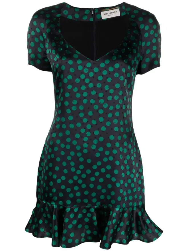 Saint Laurent Saint Laurent ブルーのショートスリーブ・フリルミニドレスの商品画像