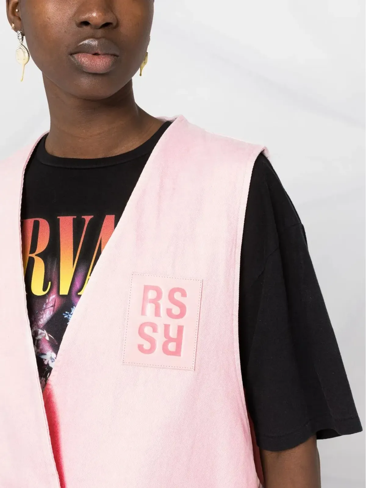 Raf Simons デニム オーバーサイズ ロゴパッチ ジレ ピンク - 画像5