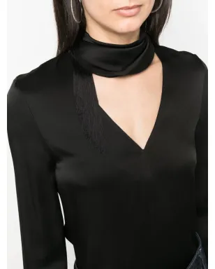 Victoria Beckham Vネック フリンジ付き サテン ブラウス - ブラック - サムネイル5