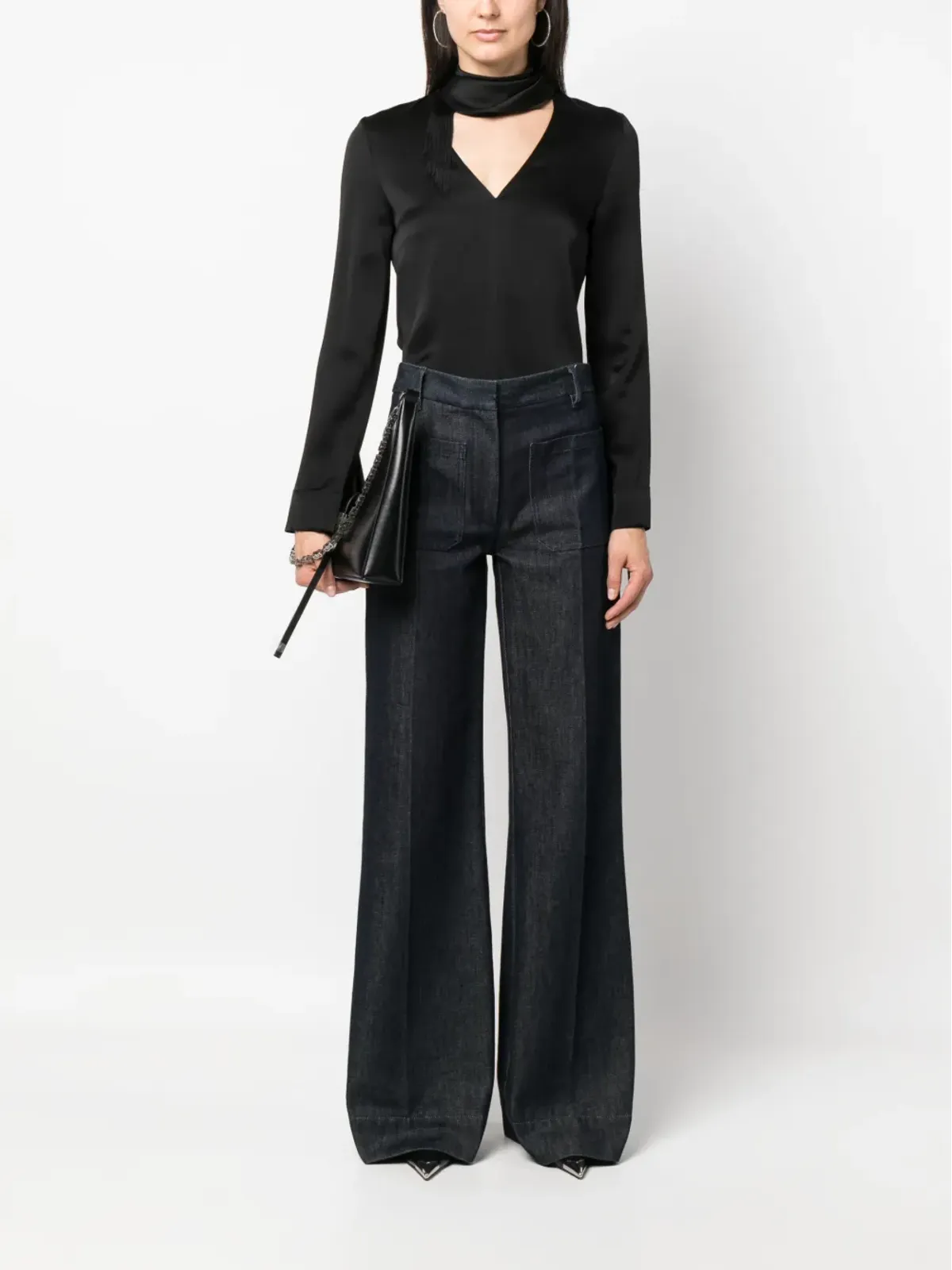 Victoria Beckham Vネック フリンジ付き サテン ブラウス - ブラック - 画像2