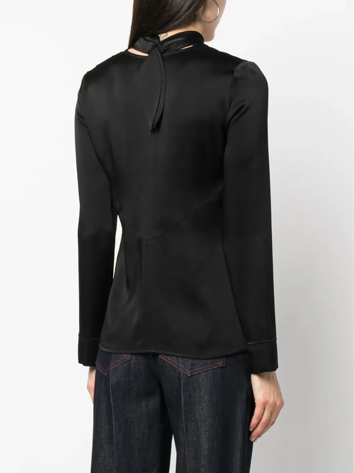 Victoria Beckham Vネック フリンジ付き サテン ブラウス - ブラック - 画像4