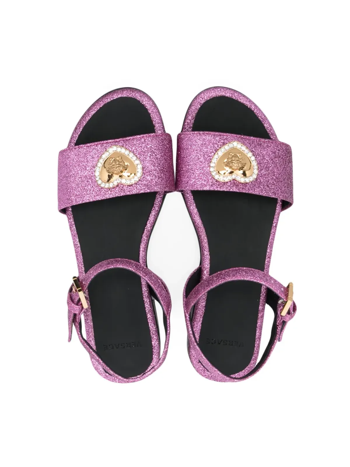 Versace Kids クリスタルハーツ グリッター レザーサンダル - ピンク - 画像3