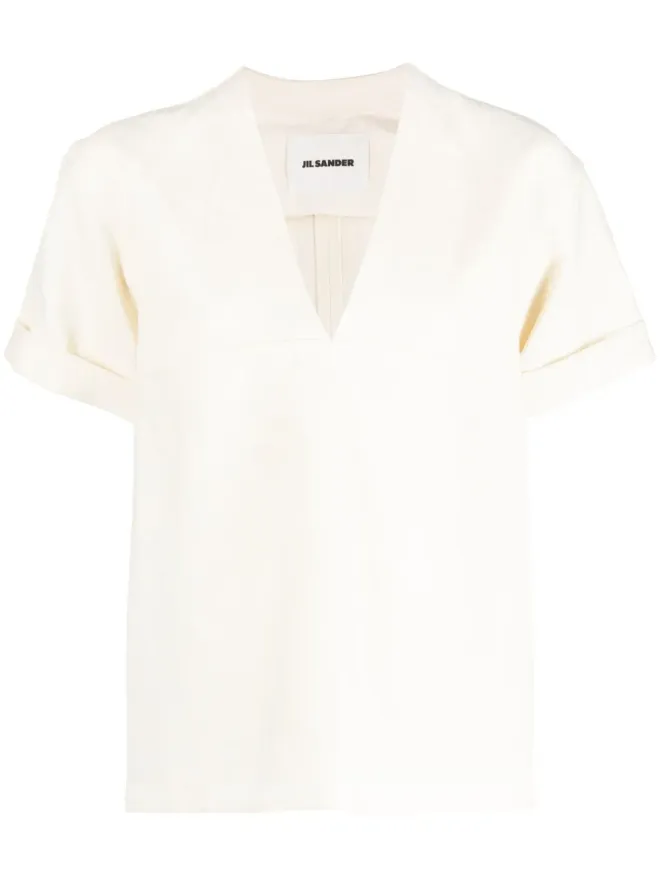 Jil Sander Jil Sander Vネックリネンブレンド ブラウス - Neutralsの商品画像