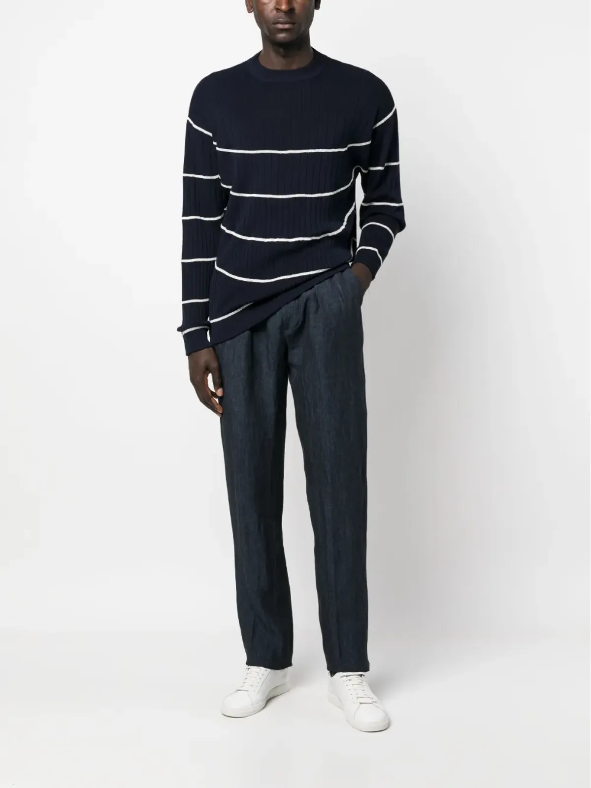 Giorgio Armani ストライプリブ編みセーター ブルー - 画像2