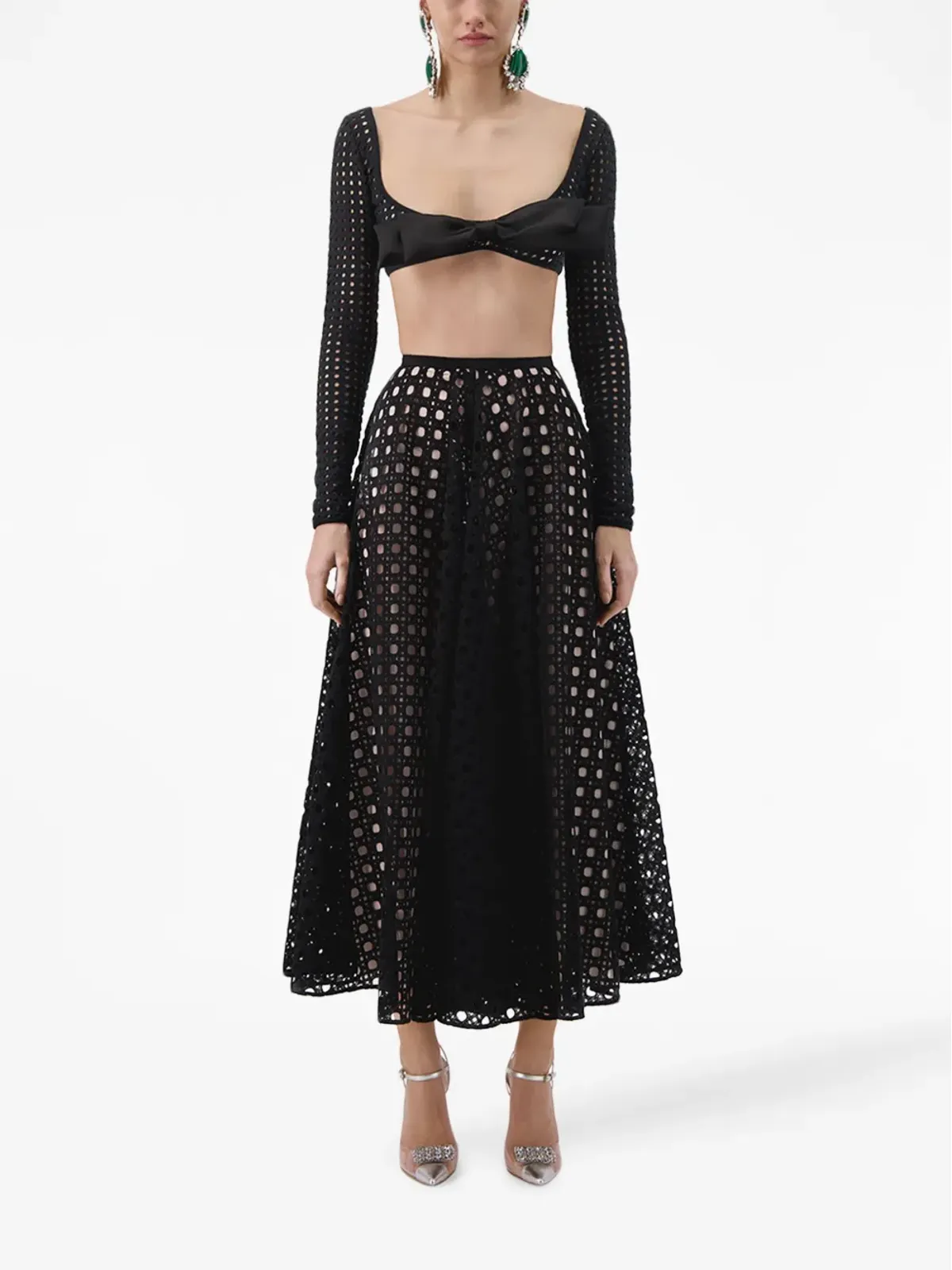 Giambattista Valli リボンディテールのクロシェ編みクロップドトップ ブラック - 画像2