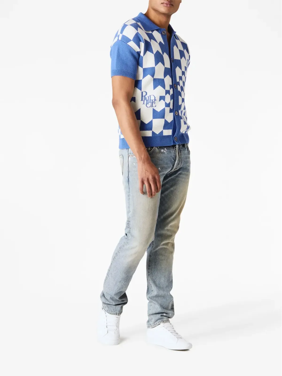RHUDE レーシングチェック柄ニットポロシャツ - Blue - 画像2