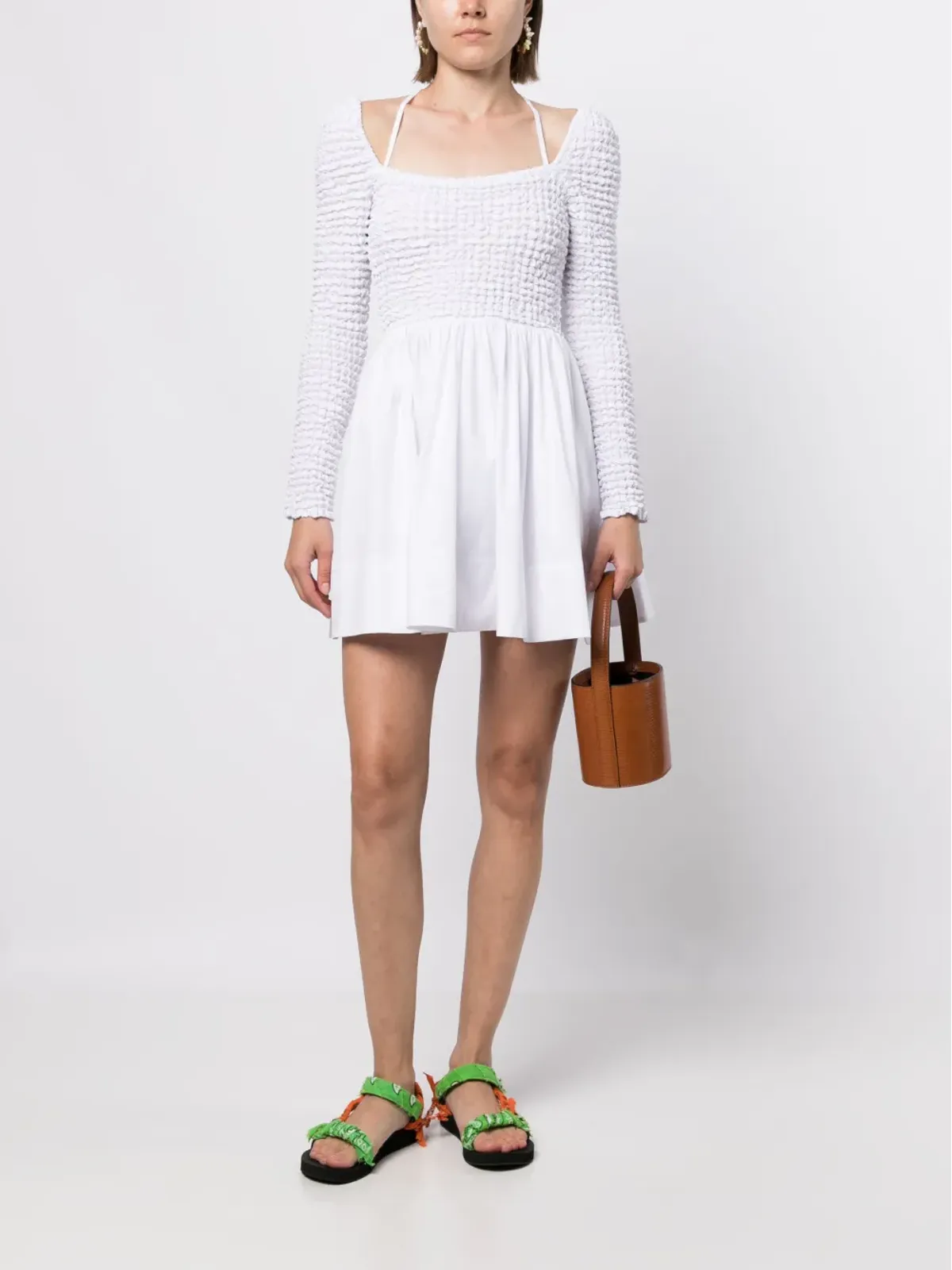 STAUD Cassidy スモック入りストレッチコットン ミニドレス - White - 画像2