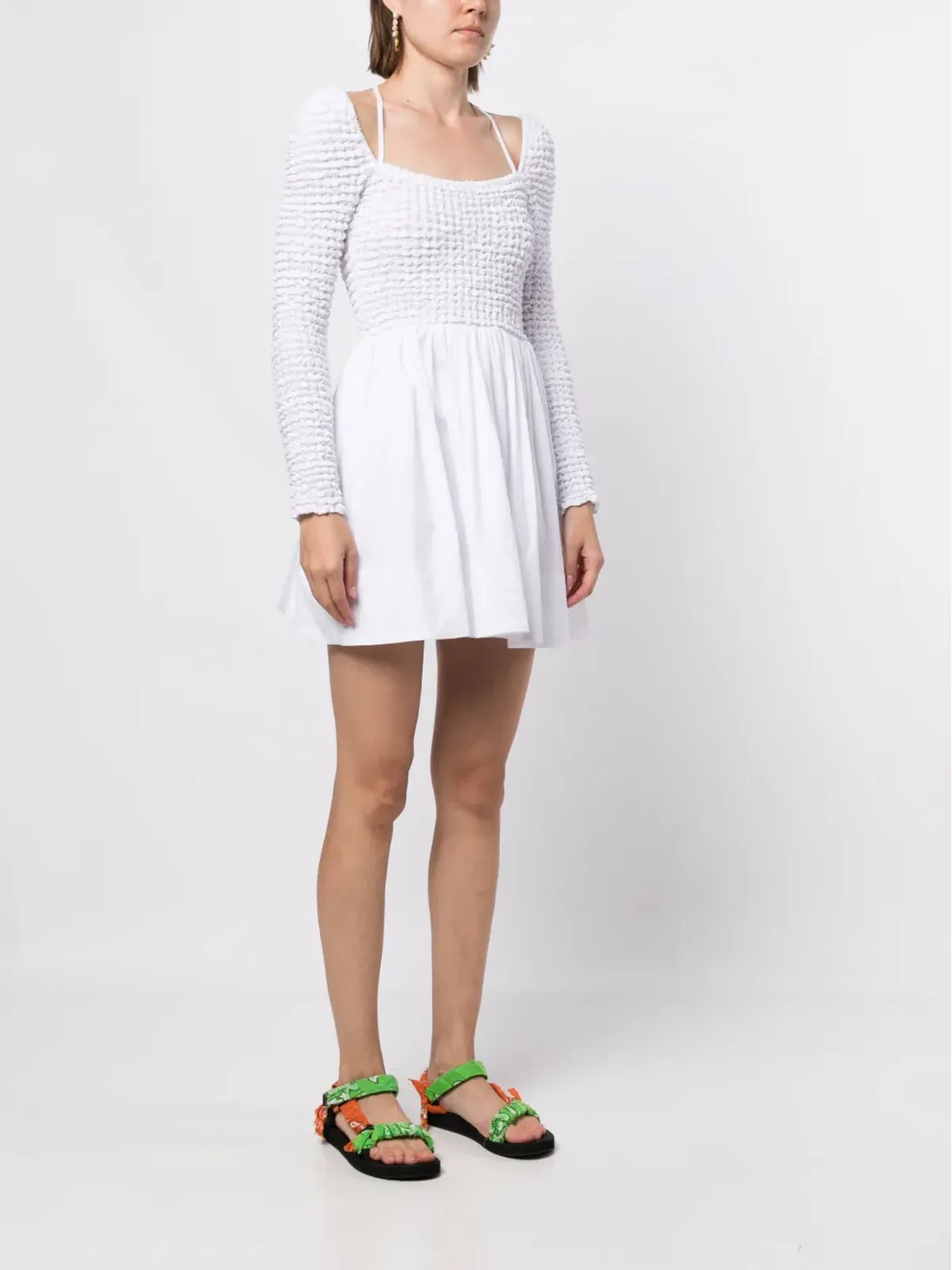 STAUD Cassidy スモック入りストレッチコットン ミニドレス - White - 画像3