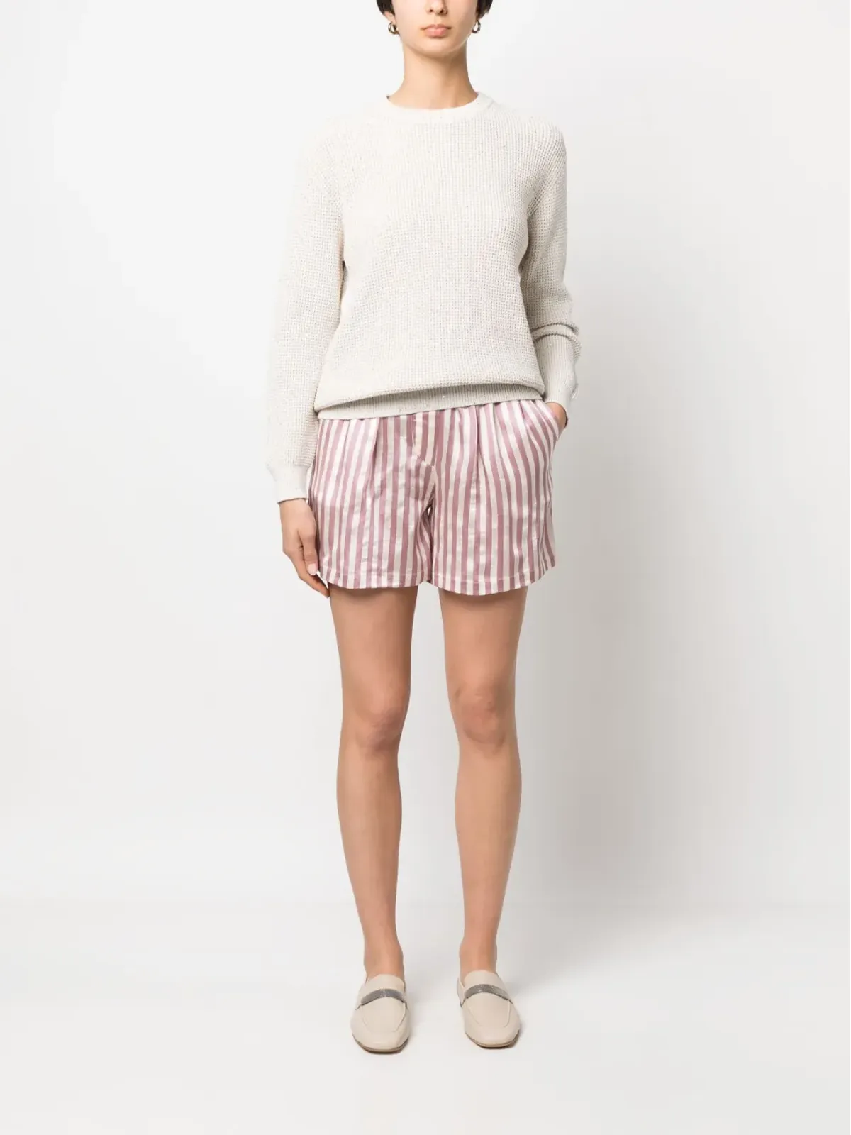 Brunello Cucinelli ストライプ柄ドローコード付きミニショーツ ピンク - 画像2