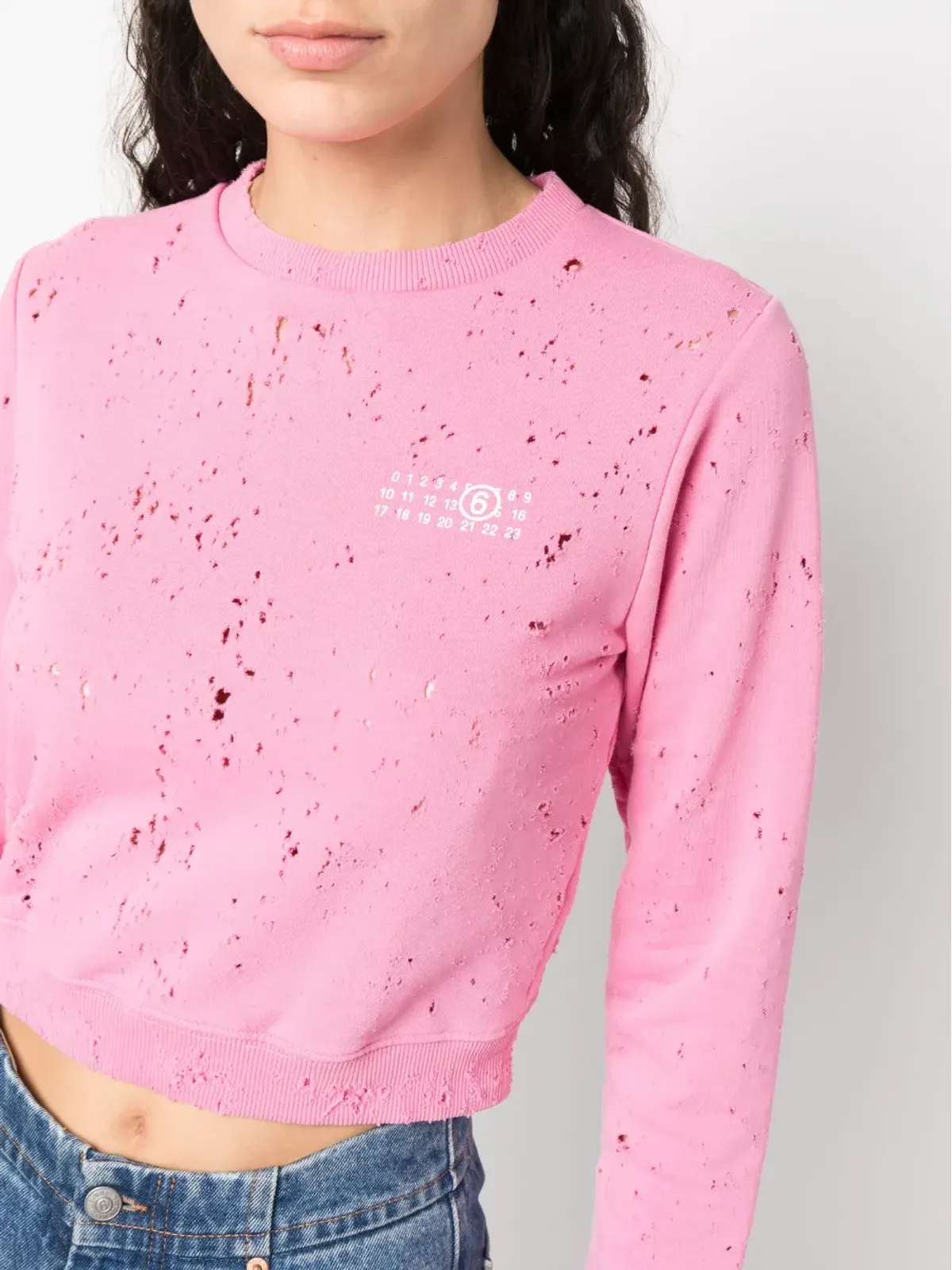 MM6 Maison Margiela distressed logo-print ピンク スウェットシャツ - 画像5