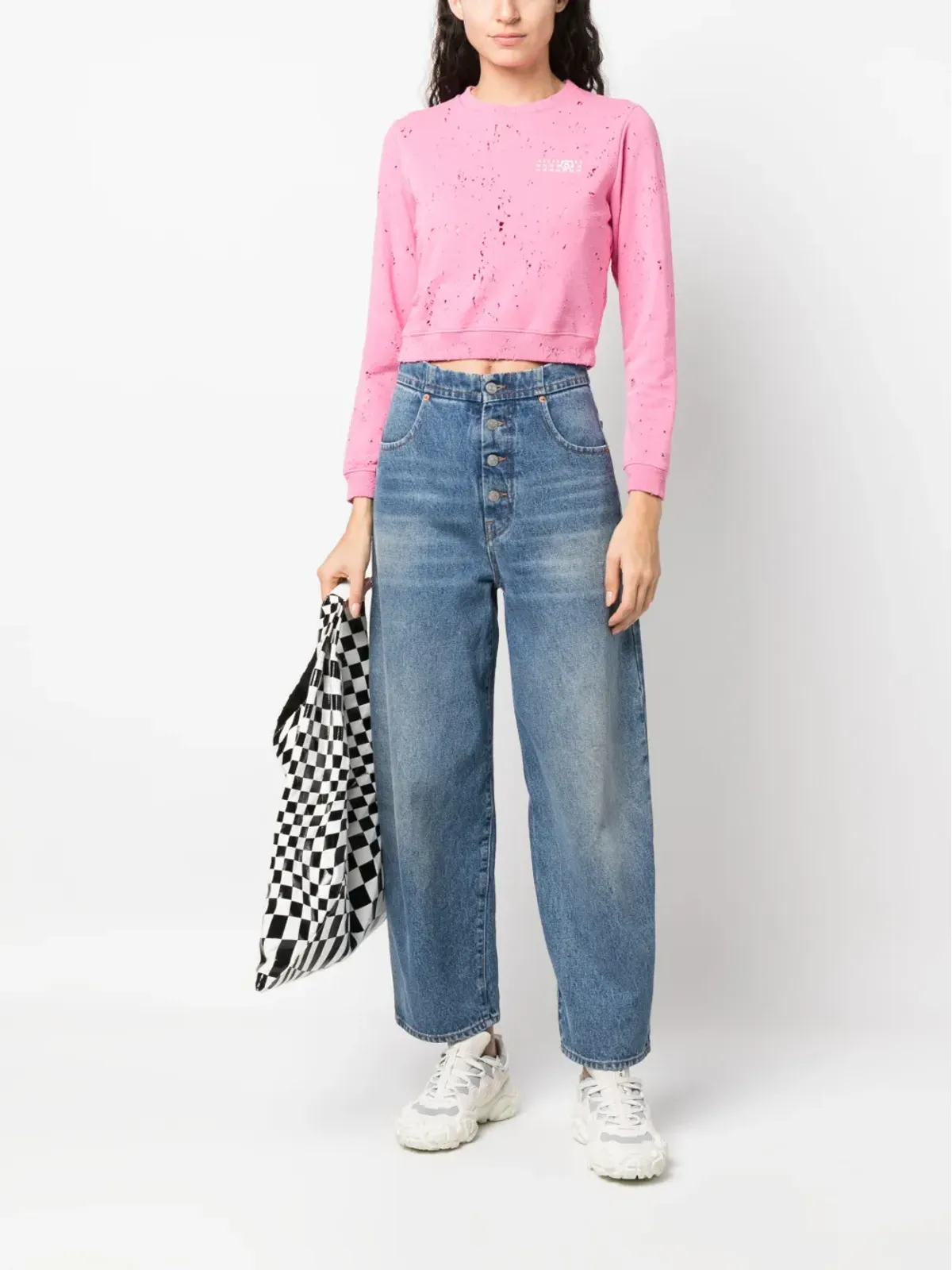 MM6 Maison Margiela distressed logo-print ピンク スウェットシャツ - 画像2
