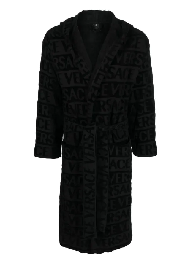 VERSACE Versace ロゴプリント コットンタオル地 ローブ ブラックの商品画像