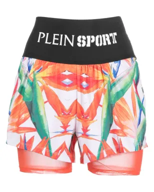 Plein Sport 花柄プリント ダブルレイヤー コットン ランニングショーツ - ブラック - サムネイル1