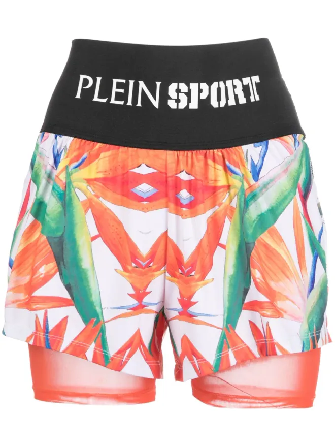 Plein Sport Plein Sport 花柄プリント ダブルレイヤー コットン ランニングショーツ - ブラックの商品画像