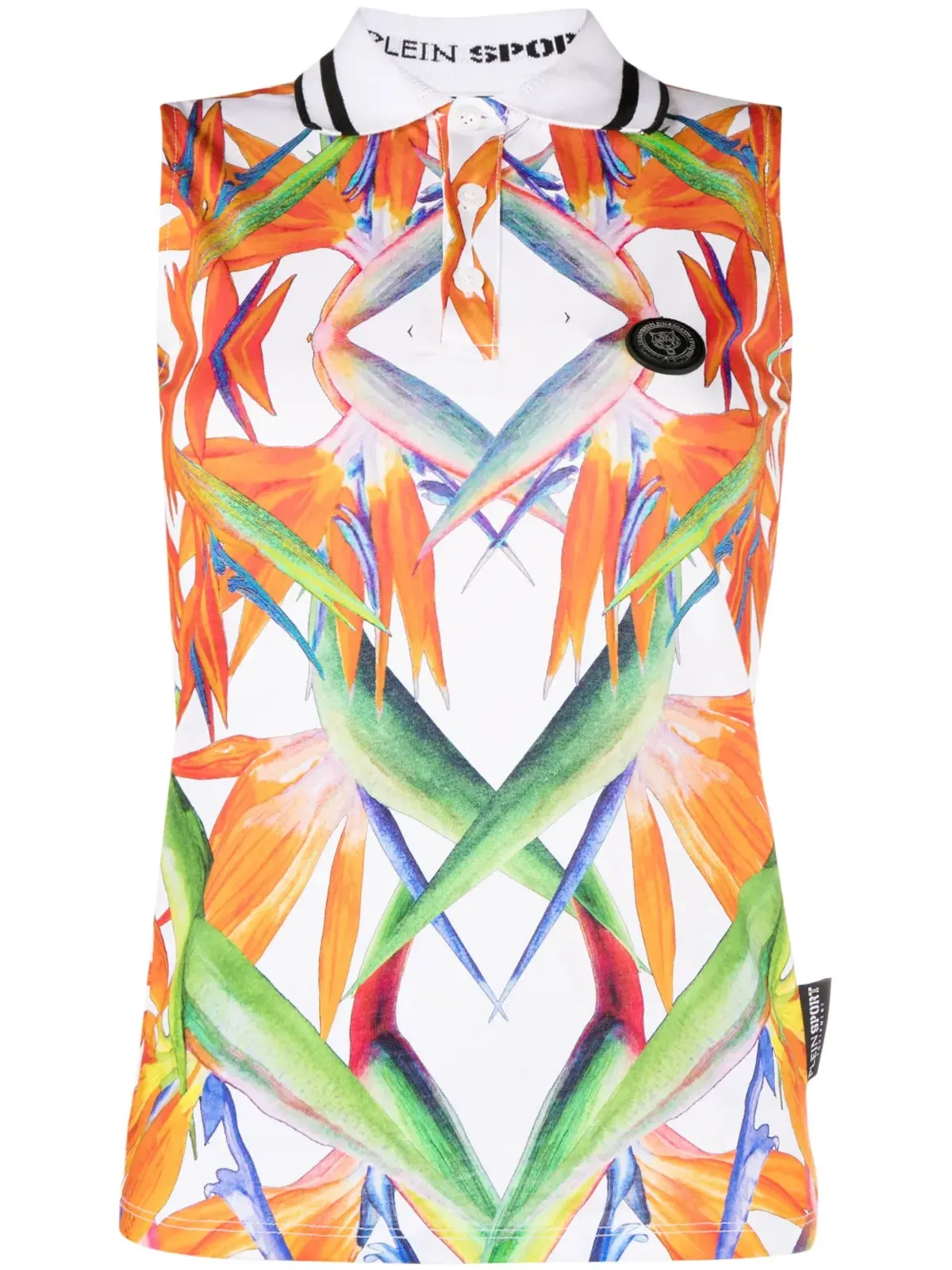 Plein Sport フローラルプリント ノースリーブ コットン ポロトップ - White - 画像1