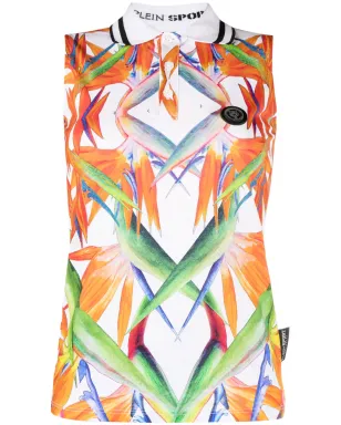 Plein Sport フローラルプリント ノースリーブ コットン ポロトップ - White - サムネイル1