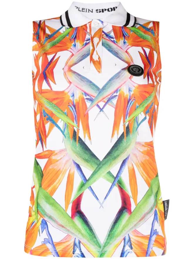 Plein Sport Plein Sport フローラルプリント ノースリーブ コットン ポロトップ - Whiteの商品画像