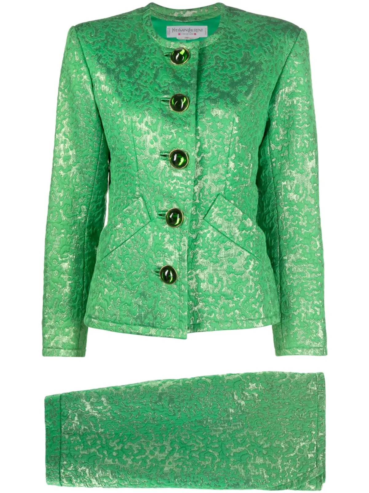 Saint Laurent ビンテージ 1980年代 ノーカラー ジャカード スカートスーツ - Green - 画像1