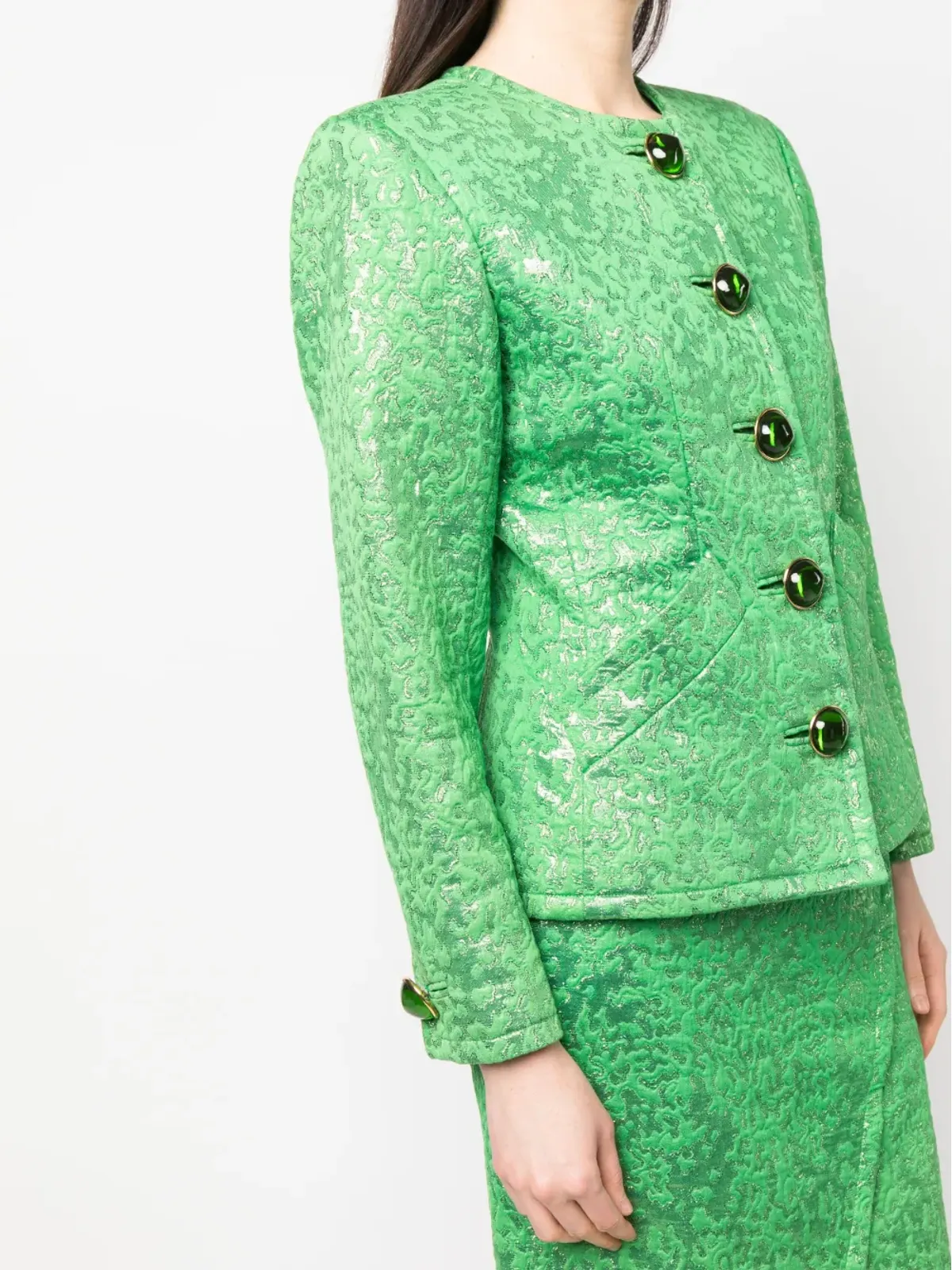 Saint Laurent ビンテージ 1980年代 ノーカラー ジャカード スカートスーツ - Green - 画像5