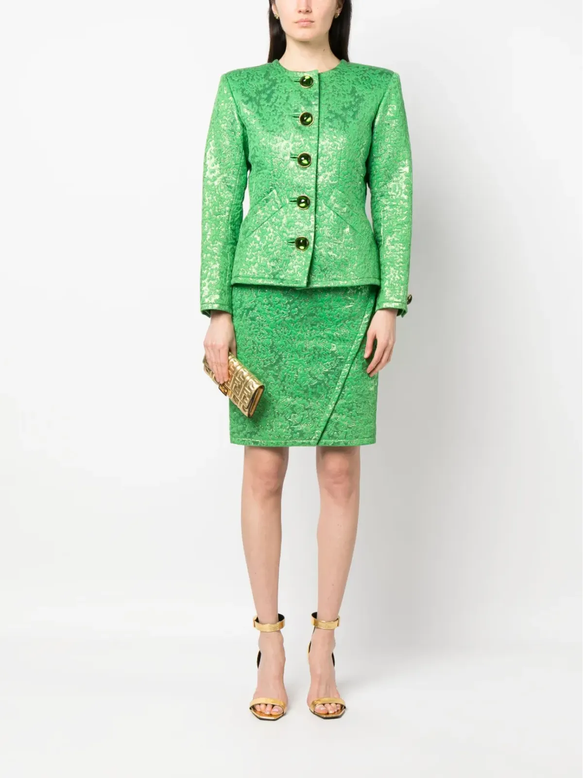 Saint Laurent ビンテージ 1980年代 ノーカラー ジャカード スカートスーツ - Green - 画像2