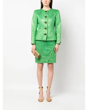 Saint Laurent ビンテージ 1980年代 ノーカラー ジャカード スカートスーツ - Green - サムネイル2