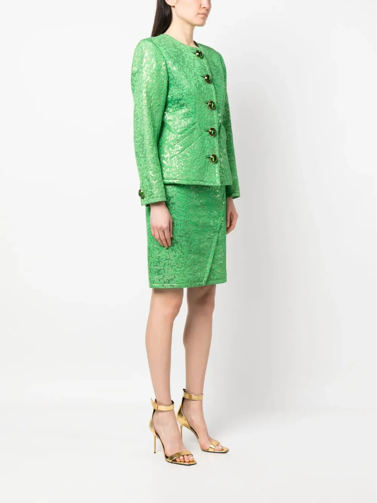 Saint Laurent ビンテージ 1980年代 ノーカラー ジャカード スカートスーツ - Green - 画像3