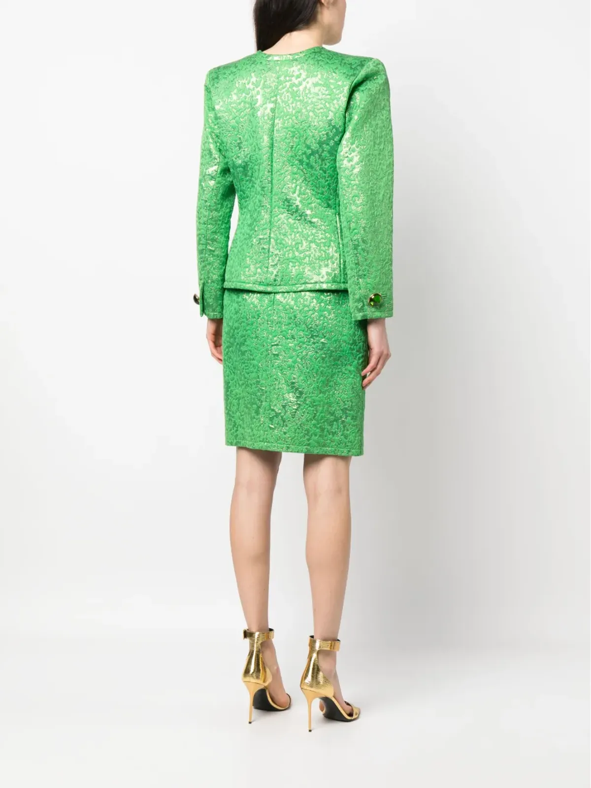 Saint Laurent ビンテージ 1980年代 ノーカラー ジャカード スカートスーツ - Green - 画像4