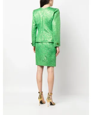 Saint Laurent ビンテージ 1980年代 ノーカラー ジャカード スカートスーツ - Green - サムネイル4