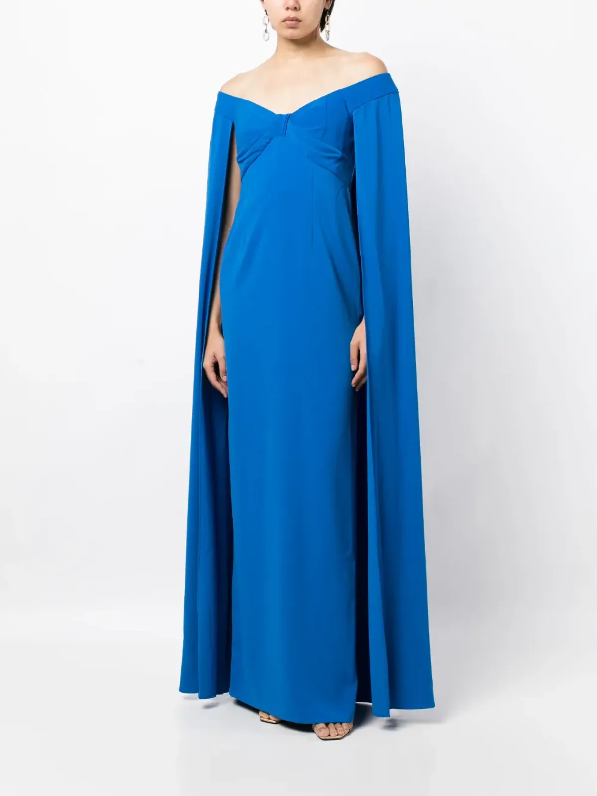 Marchesa Notte オフショルダー・ケープディテールのガウン ブルー - 画像2