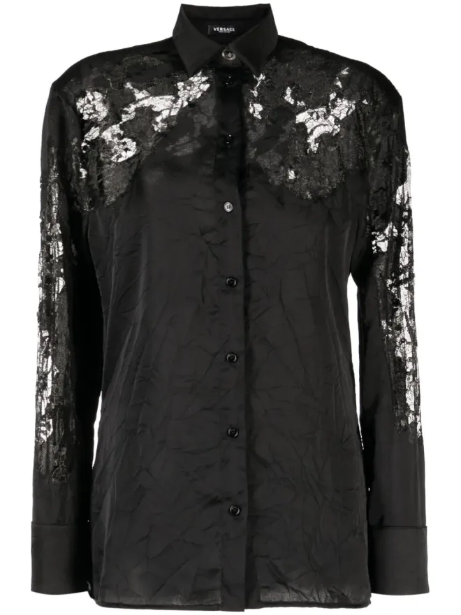 VERSACE Versace シアーレース入りシワ加工サテンシャツ - ブラックの商品画像