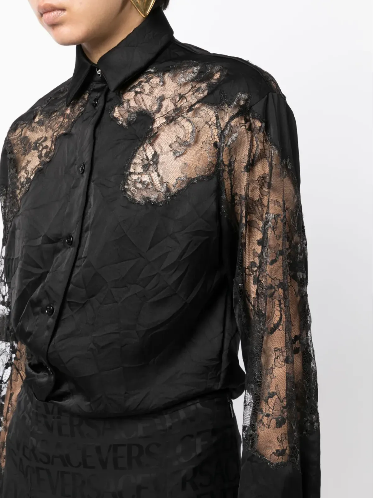 Versace シアーレース入りシワ加工サテンシャツ - ブラック - 画像5