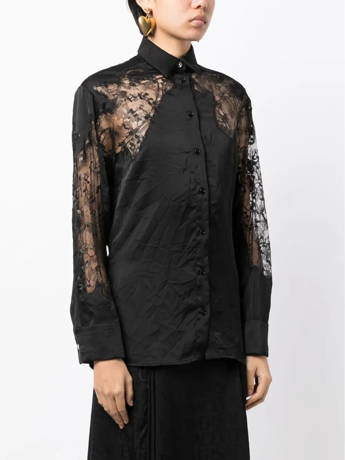 Versace シアーレース入りシワ加工サテンシャツ - ブラック - 画像3