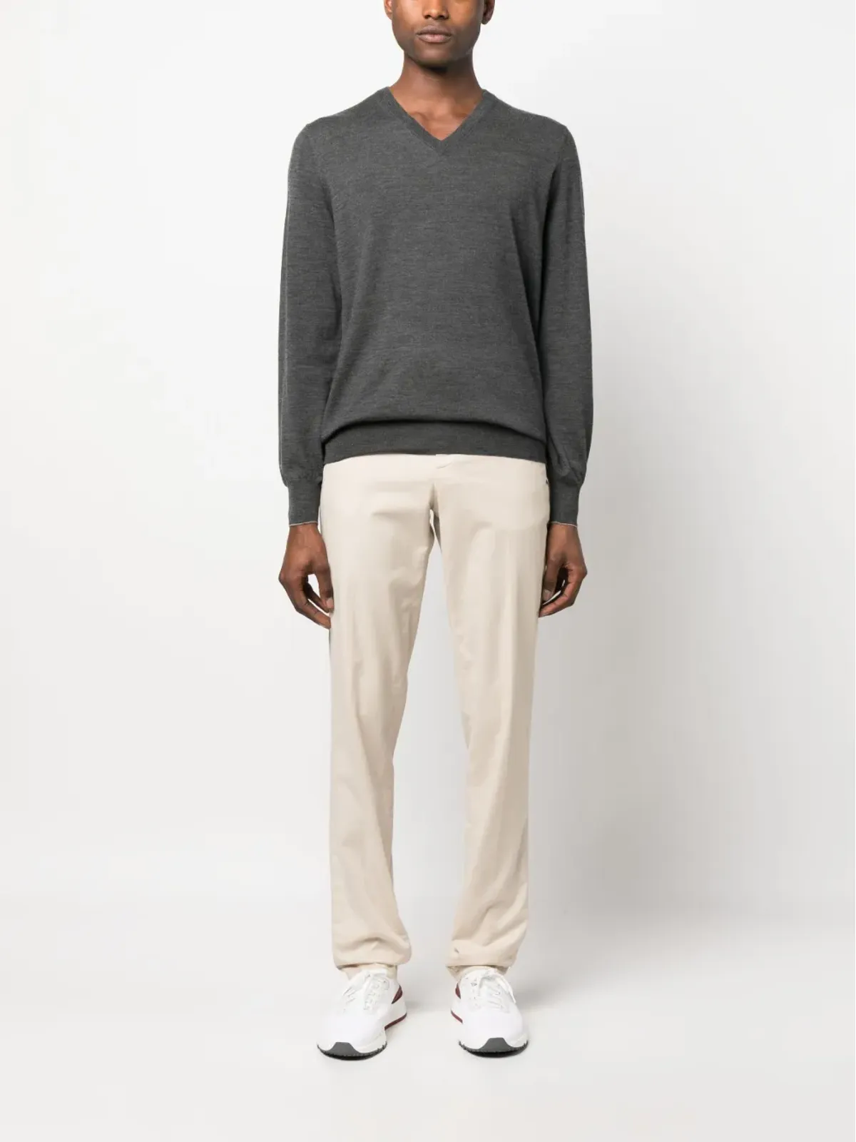 Brunello Cucinelli Vネック細畔編みセーター（グレー） - 画像2