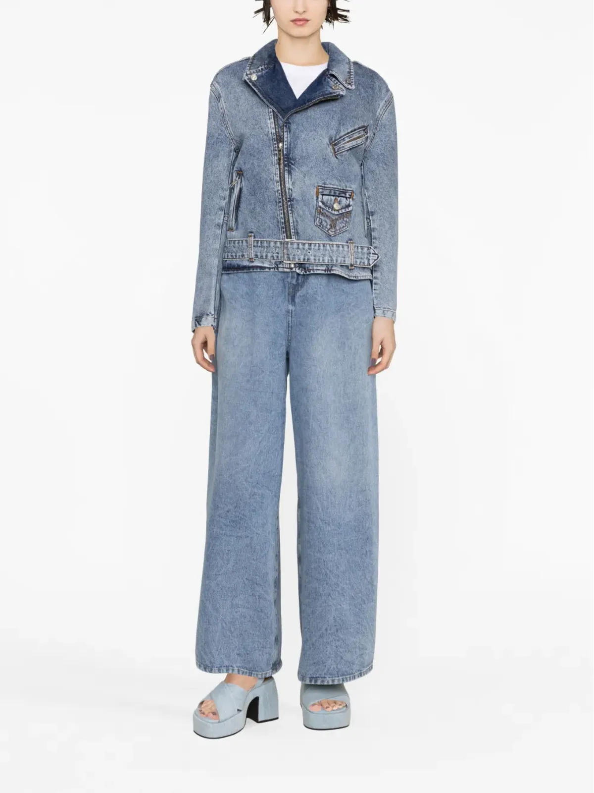 MOSCHINO JEANS クリスタルエンブリッシュデニム バイカージャケット - 画像3
