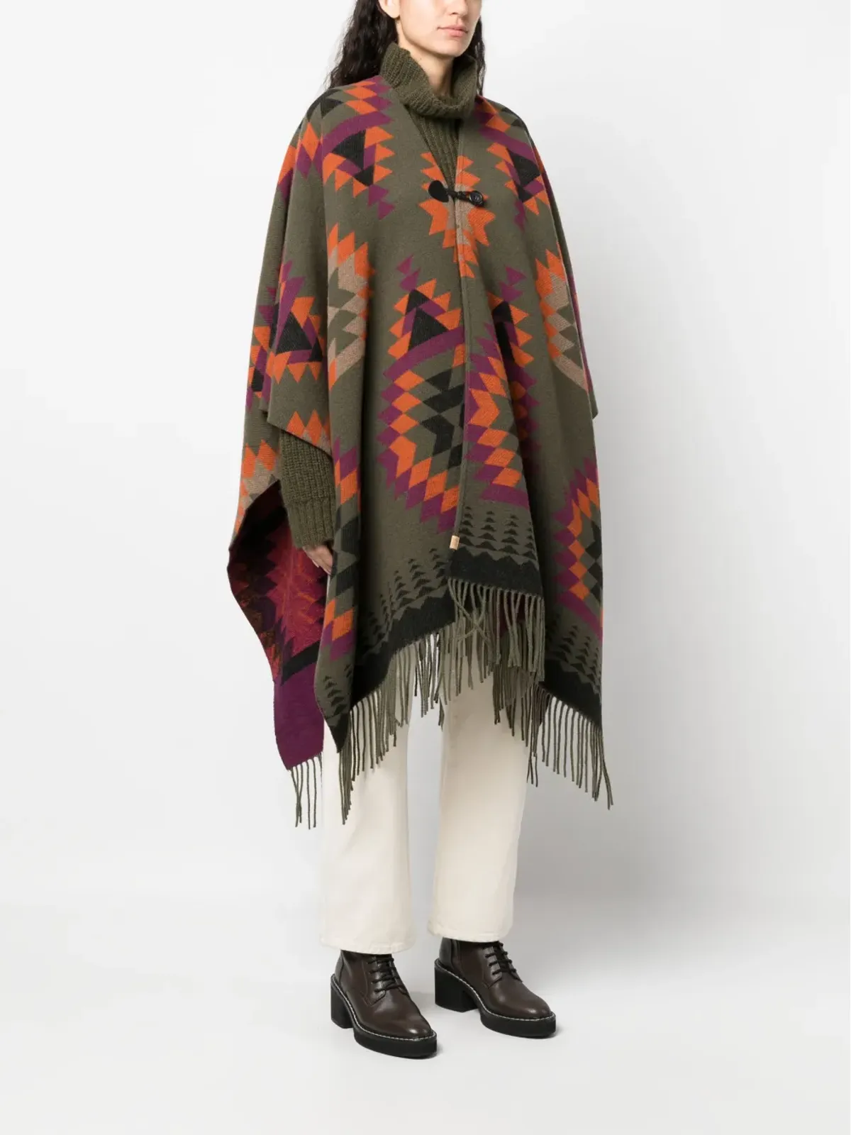 Woolrich ikat柄フリンジ付きウールブレンドケープ グリーン - 画像3