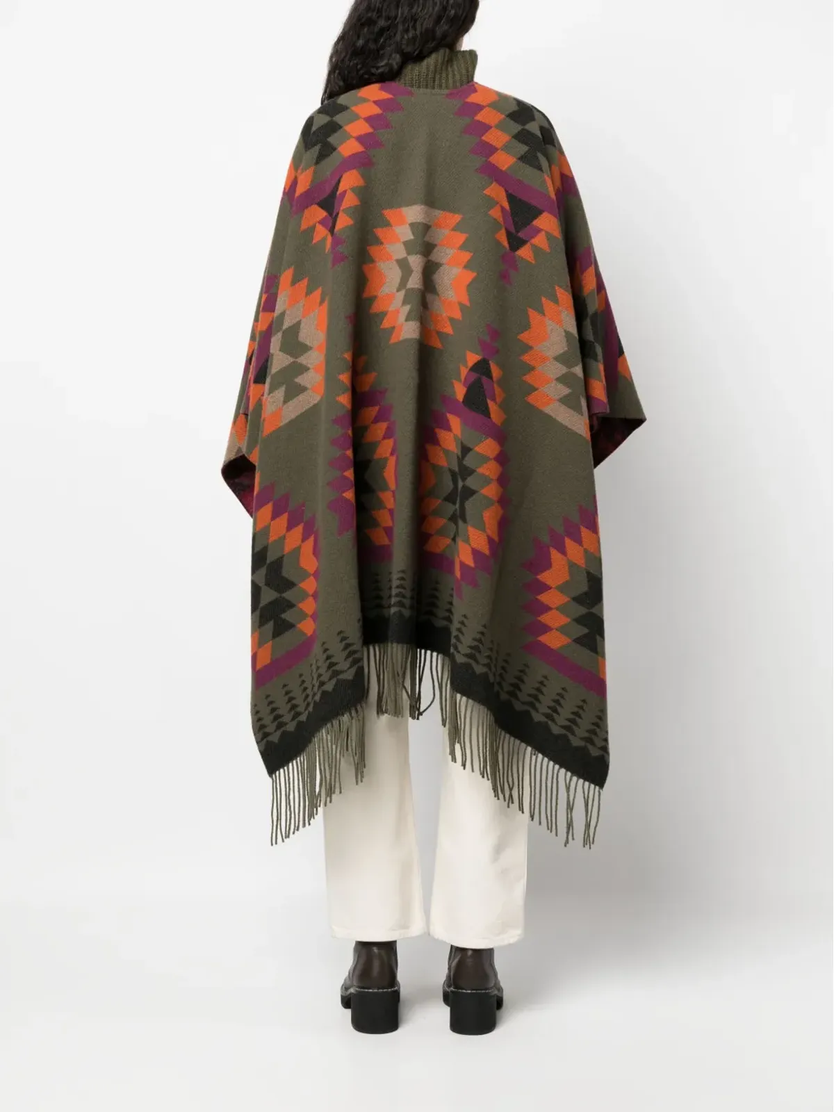 Woolrich ikat柄フリンジ付きウールブレンドケープ グリーン - 画像4