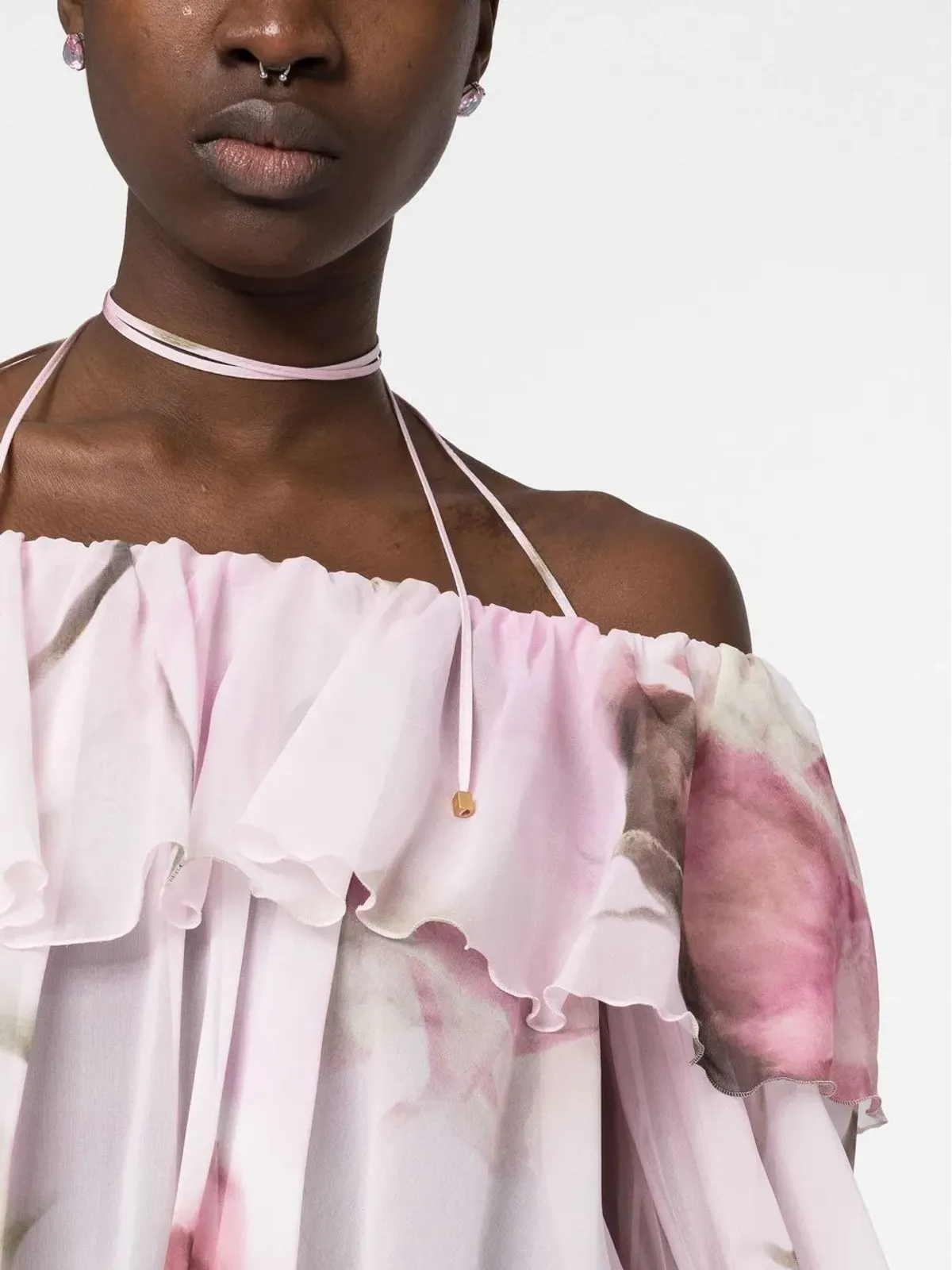 Blumarine ピンクの花柄プリント フリルブラウス - 画像5