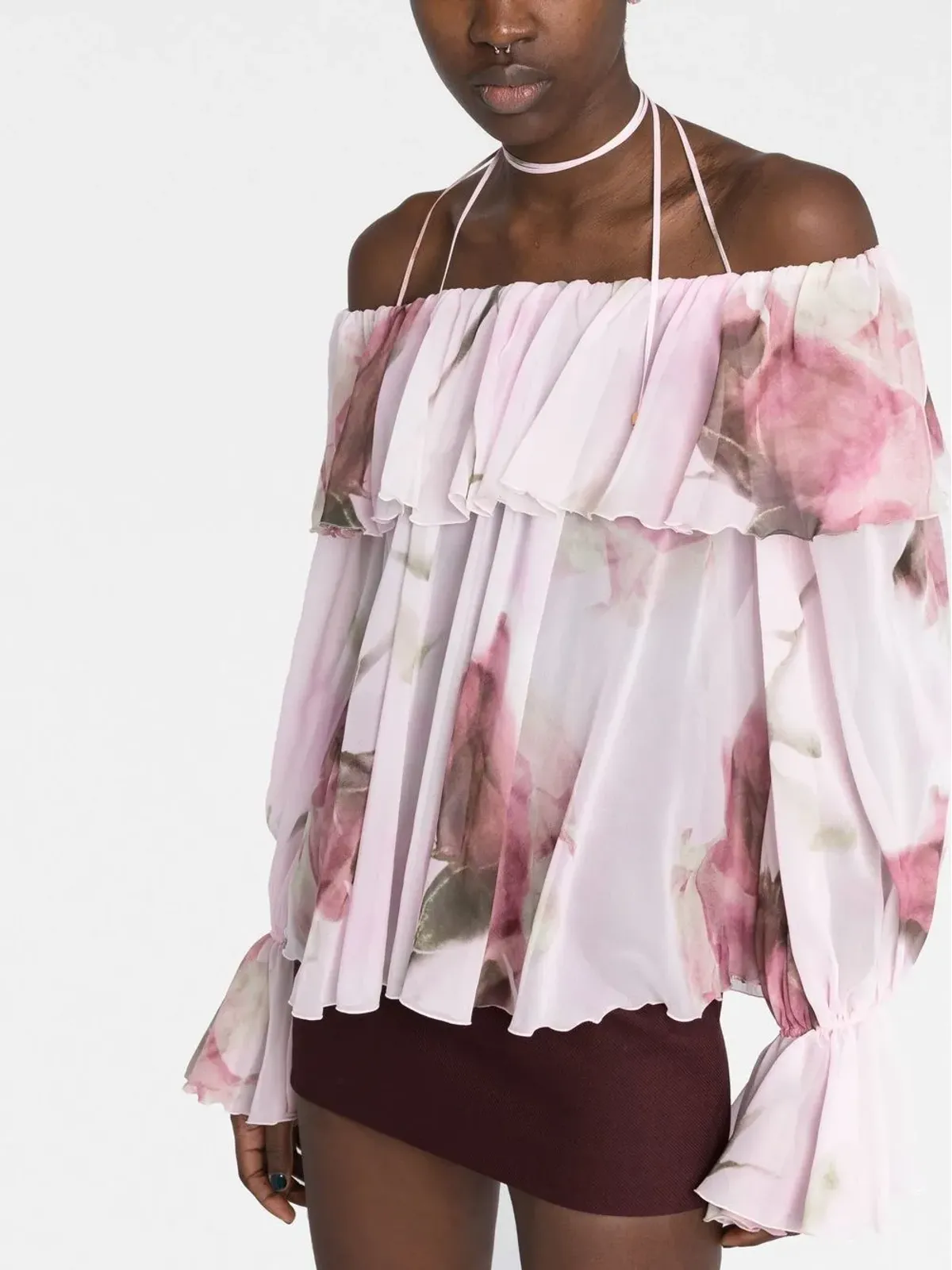 Blumarine ピンクの花柄プリント フリルブラウス - 画像3