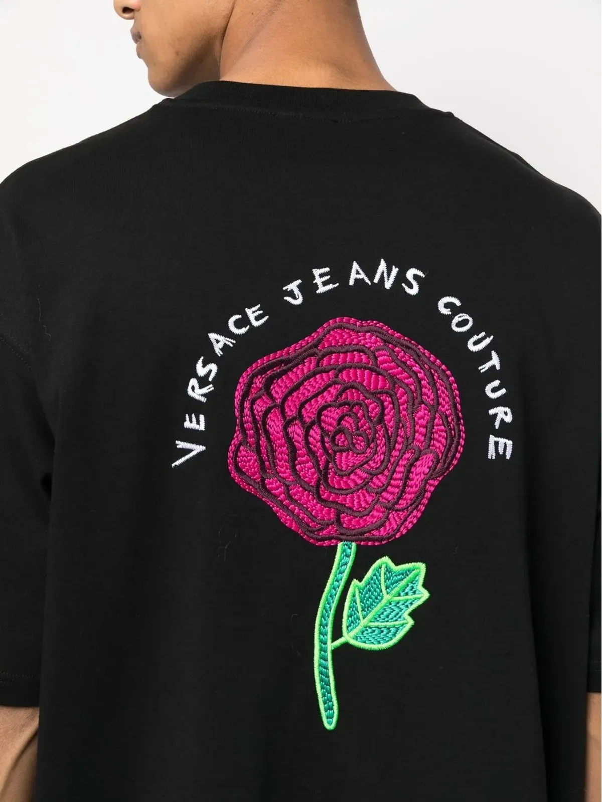 Versace Jeans Couture 花柄刺繍コットンTシャツ ブラック - 画像5