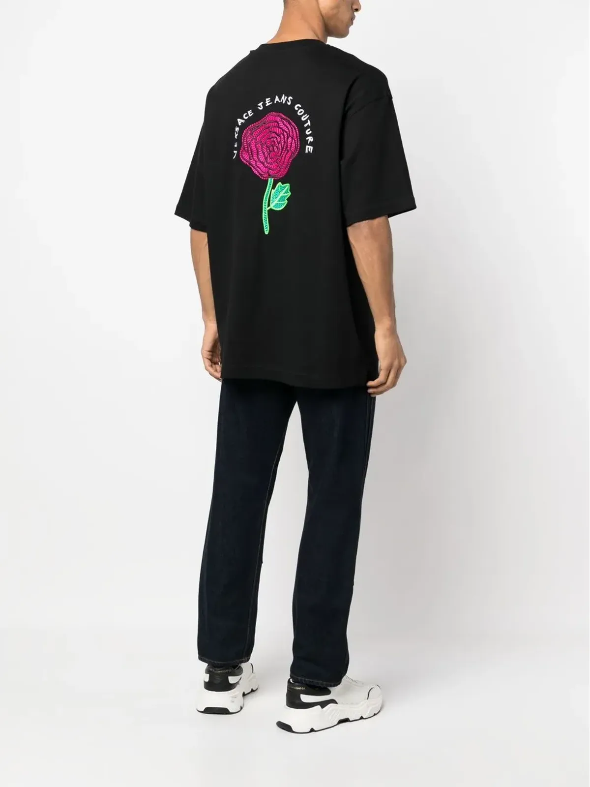 Versace Jeans Couture 花柄刺繍コットンTシャツ ブラック - 画像2