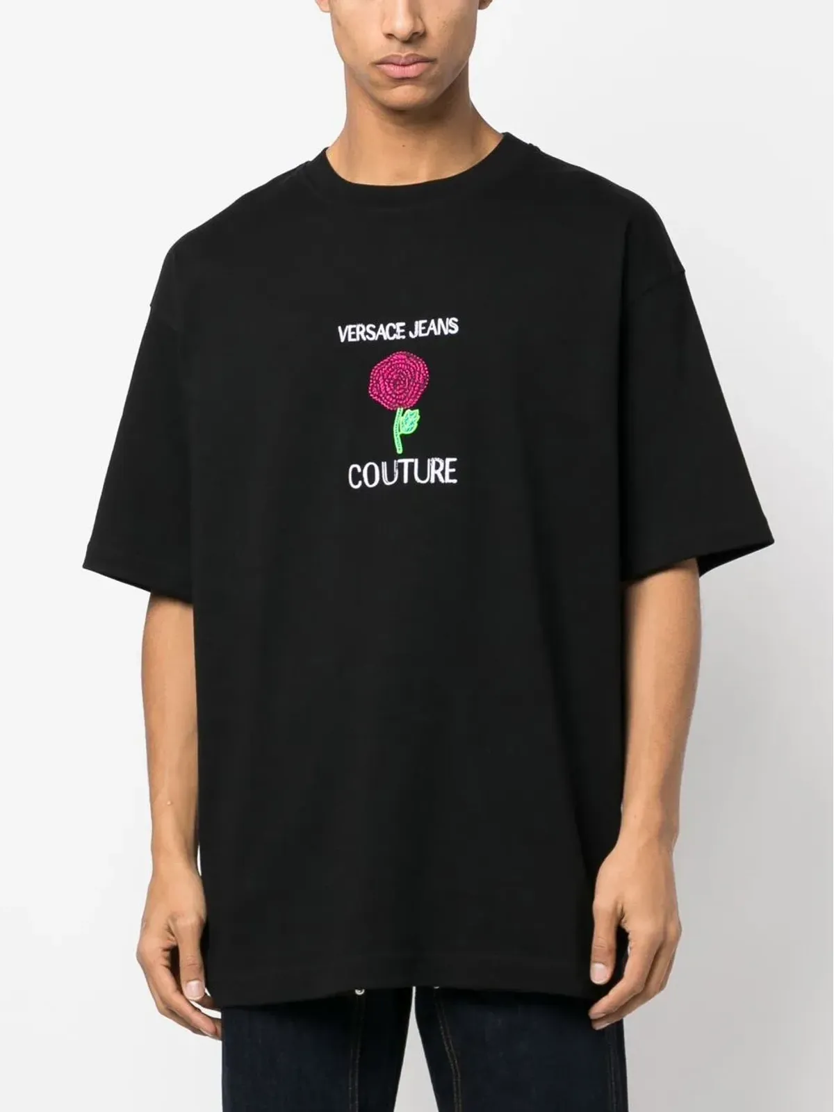 Versace Jeans Couture 花柄刺繍コットンTシャツ ブラック - 画像3