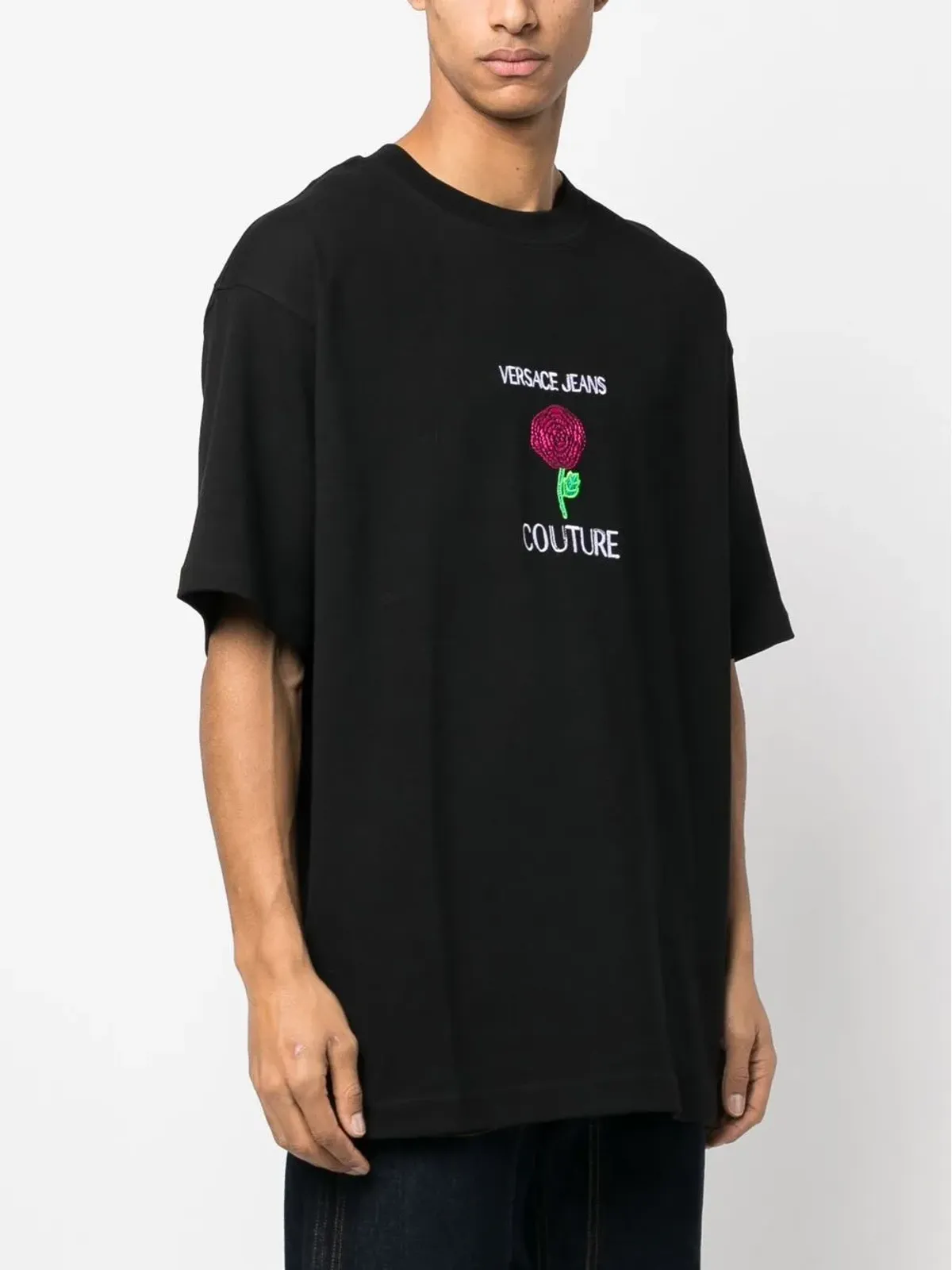 Versace Jeans Couture 花柄刺繍コットンTシャツ ブラック - 画像4