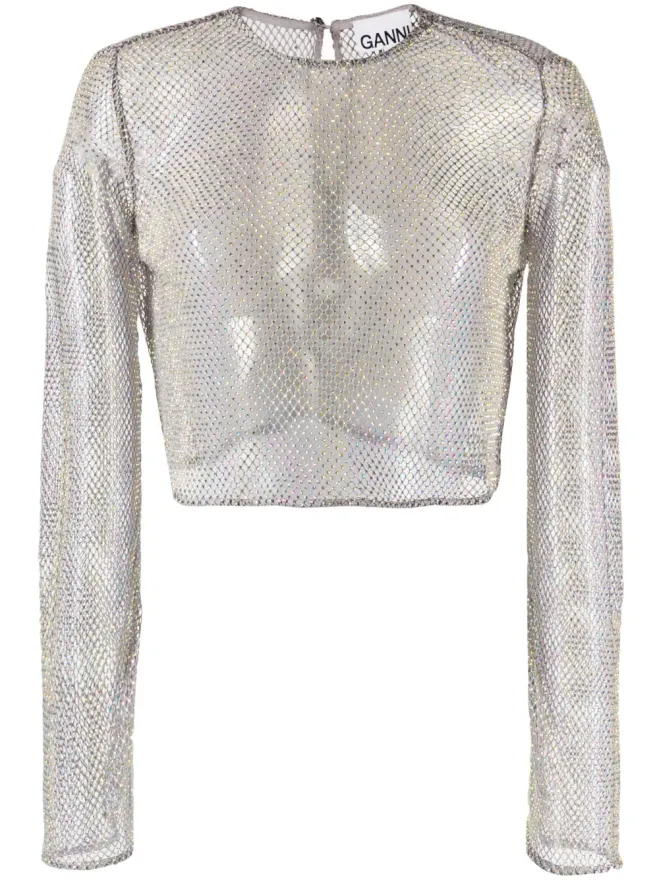 Ganni GANNI クリスタルエンブリッシュド クロップド メッシュ ブラウスの商品画像