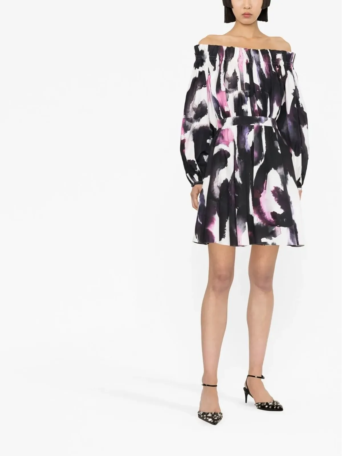Alexander McQueen オフショルダー アブストラクトプリント ミニドレス - 画像2