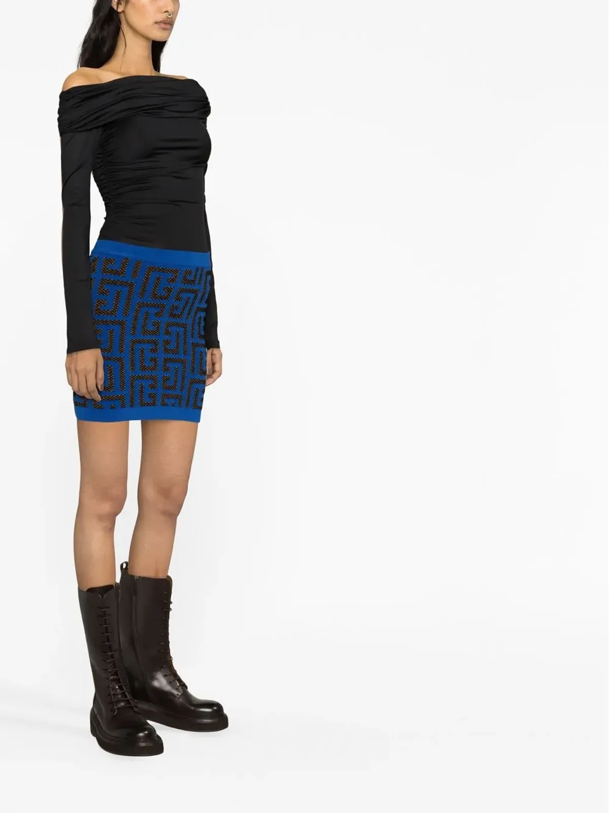 Balmain monogram-pattern miniskirt - Blue - 画像4