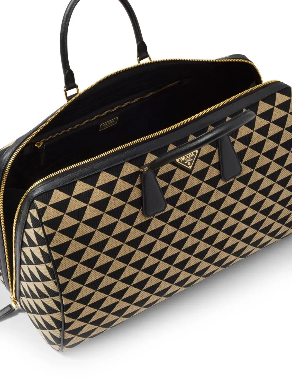 Prada Symbole刺繍ファブリック トラベルバッグ ブラック - 画像5