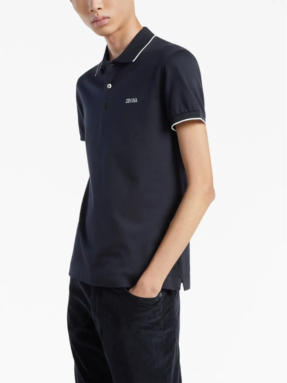 Zegna ストレッチコットン ポロシャツ ブルー - 画像3