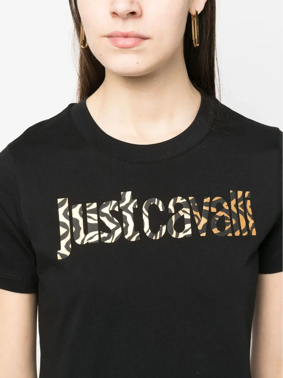 Just Cavalli アニマルプリント ロゴ Tシャツドレス（ブラック） - 画像5